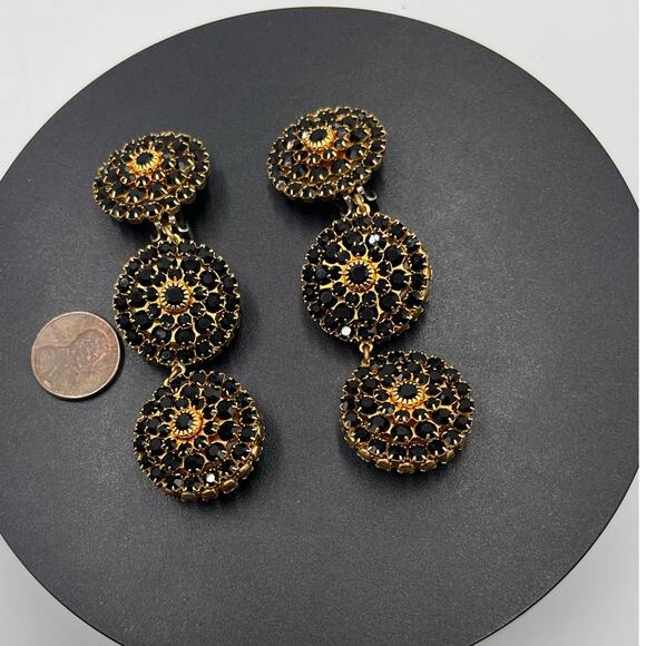 Mistar Bijoux Deadstock 3D Puff Three Drop Dangle Crystal Gold Clip on Earrings - Picture 2 of 12